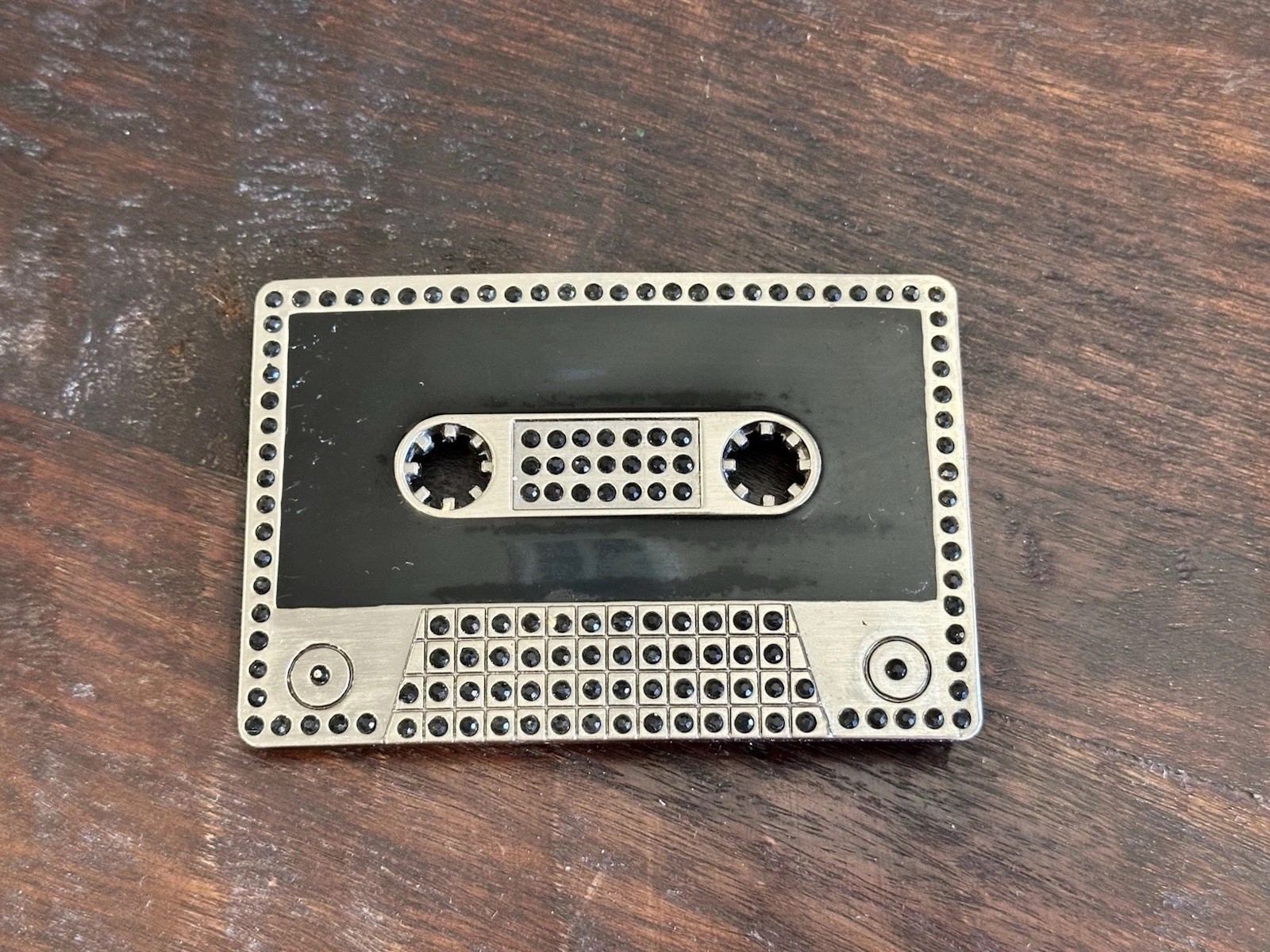 METAL CASSETTE TAPE BLACK ENAMEL RHINESTONE CRYSTAL BELT BUCKLE RETRO 80S/90S