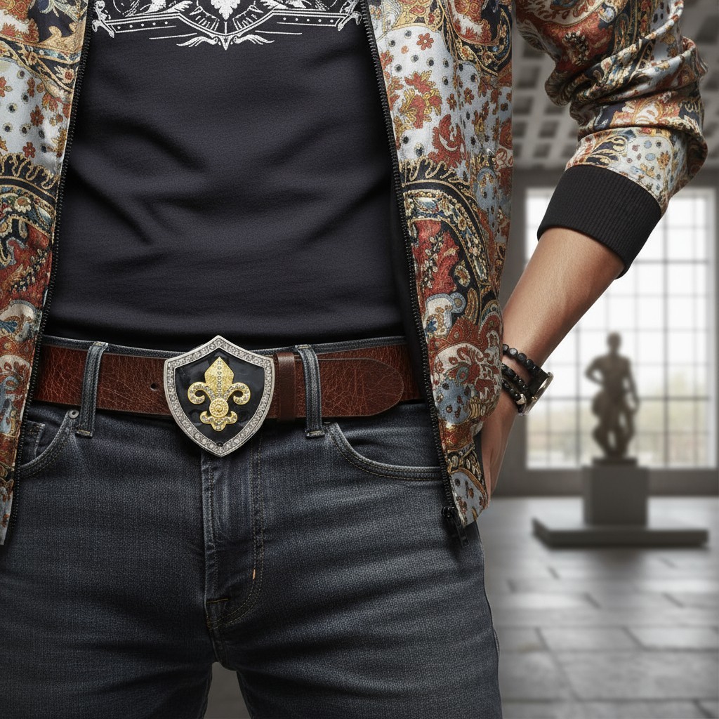 Men Belt Buckle Silver Metal Western Gold Fleur De Lys Lily French Symbol Flower