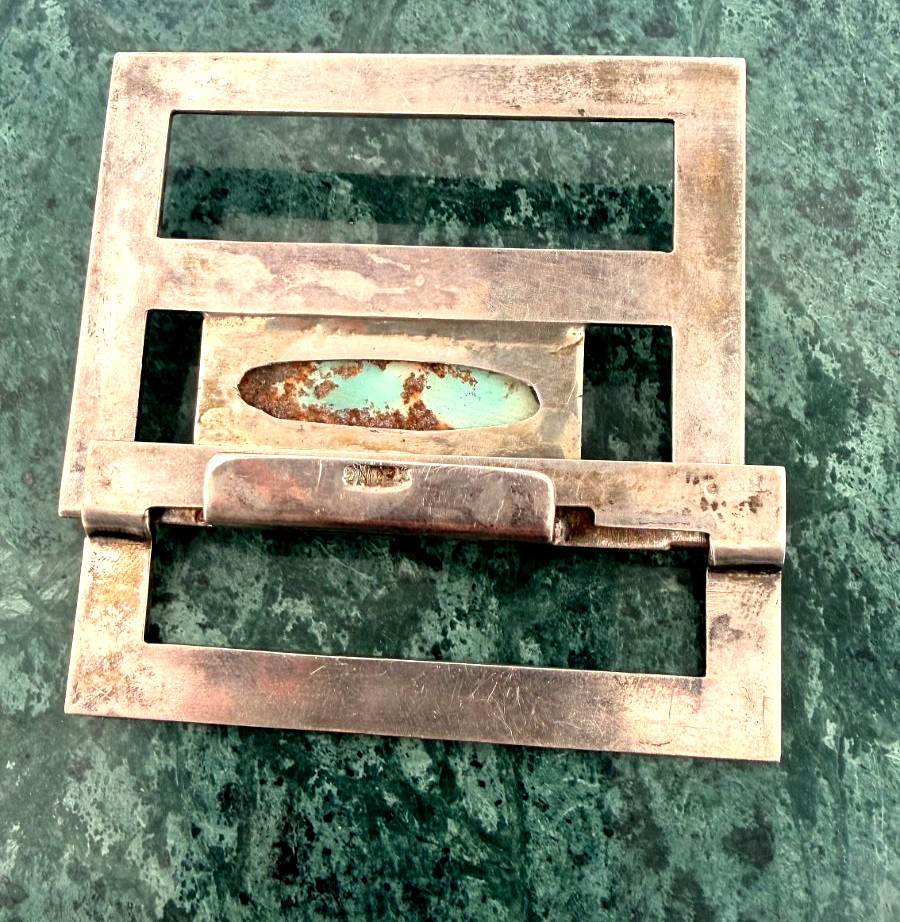 Vintage Modernist Abstract Sterling Silver Turquoise Stone Belt Buckle