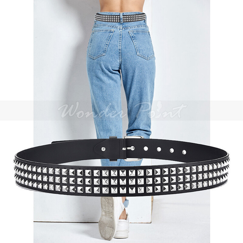 Snap On Punk Rock Star Pyramid Studded Checker Board Leather Belt