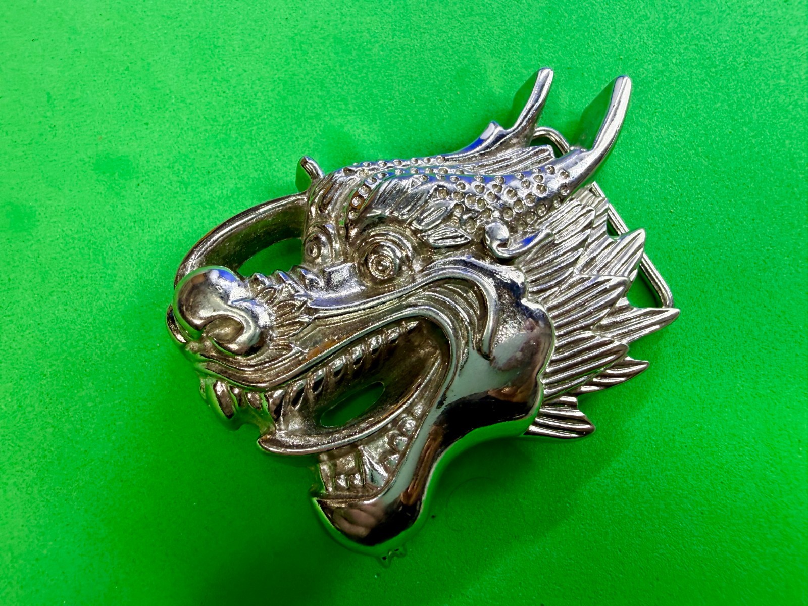 Mystical Asian Chinese Dragon Head Figural Cutout Silver Color Belt Buckle