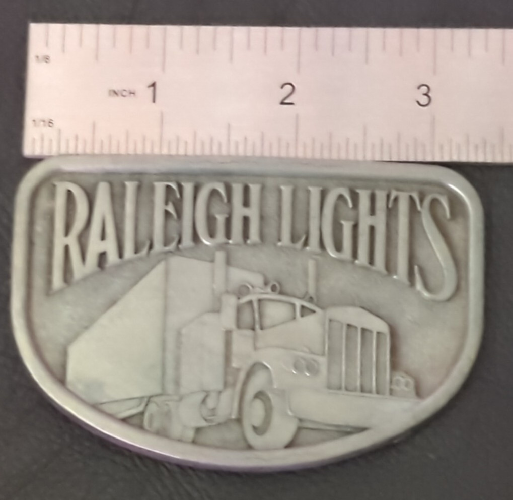 Vtg Raleigh Lights Belt Buckle Semi Truck 18 Wheeler Pewter Tobacco Cigarettes