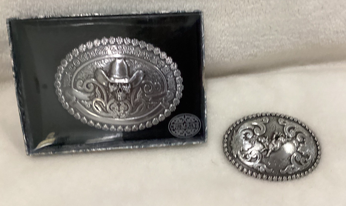 Cowboy Till Death Skull with Hat Silver Crumrine & Nocona Silver Belt Buckle