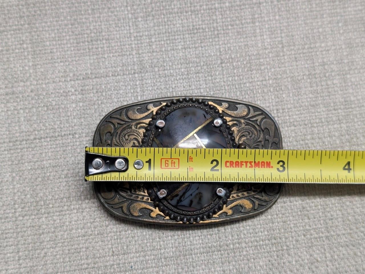 vintage HANDCRAFTED gold inlay GEMSTONE agate quartz WESTERN belt buckle COWBOY