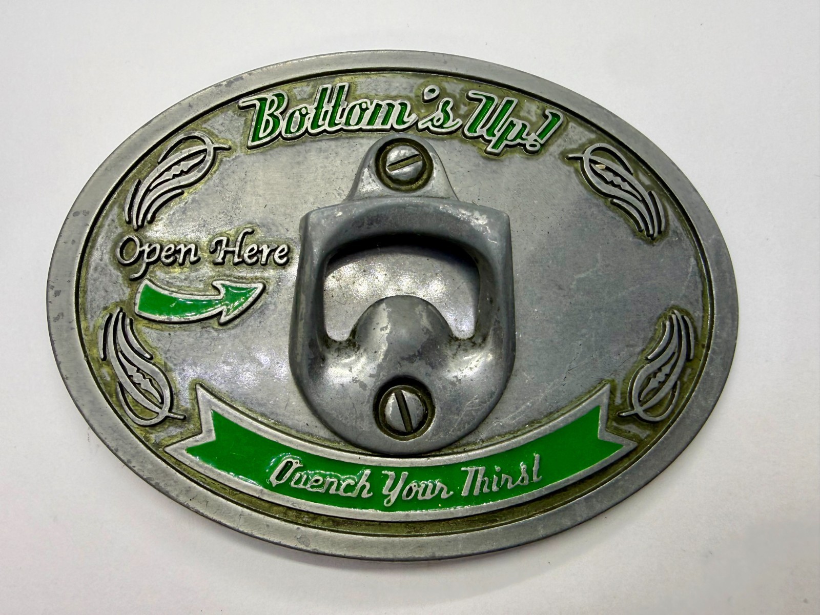 Bottom&rsquo;s Up! Open Here Quench Your Thirst Belt Buckle with Bottle Opener