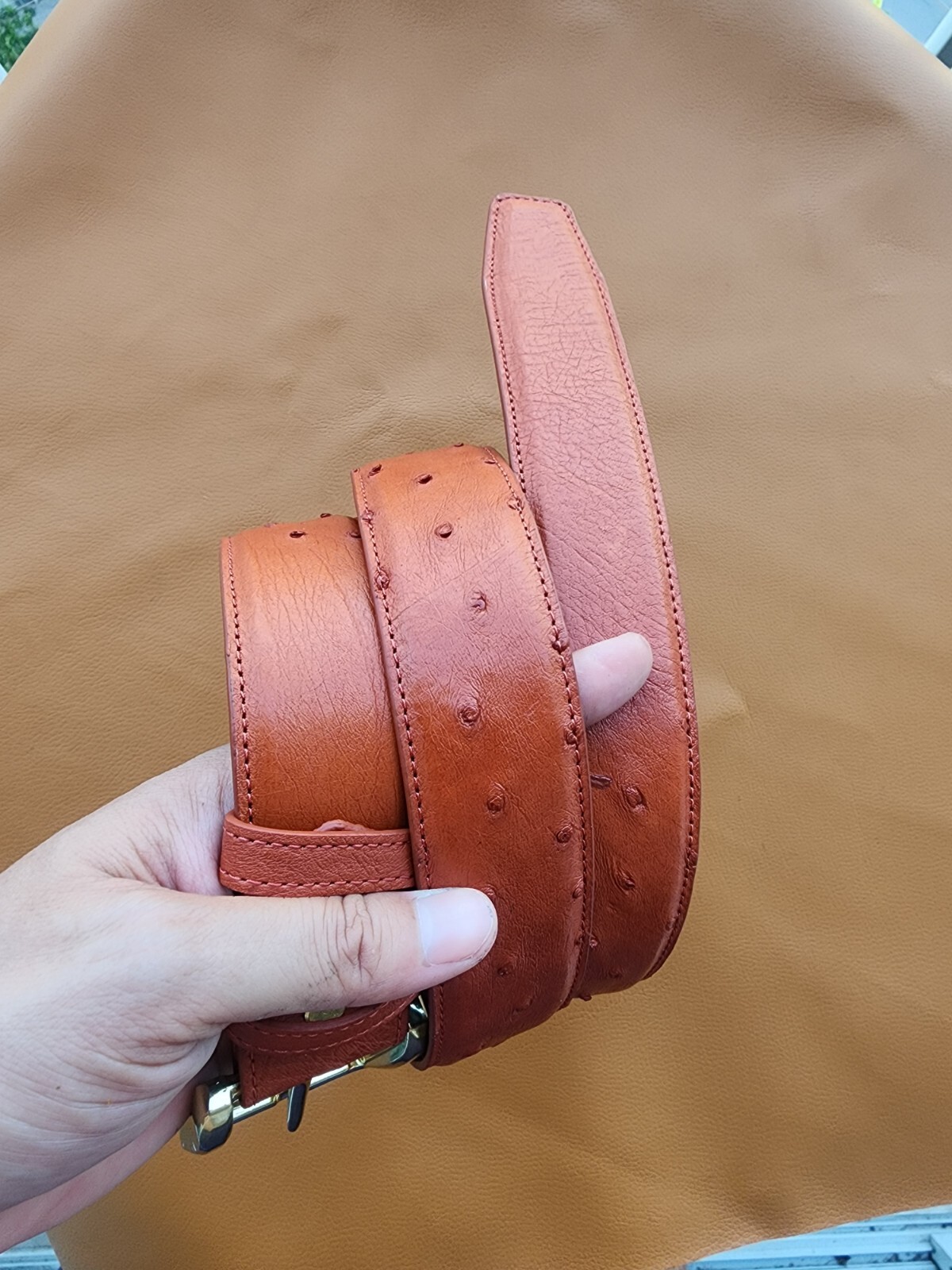 3.8CM Brown 100% Genuine Body Ostrich Leather Skin Men Belt Buckle- Handmade