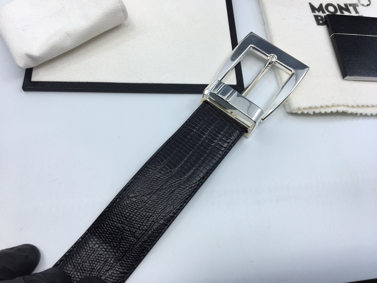 New Authentic Montblanc Sterling Silver Buckle Trapeze Calf Strap Belt