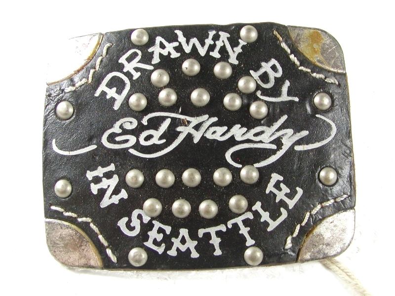 Drawn By In Seattle Black Leather Belt Buckle By ED HARDY 33116a w/ Tag