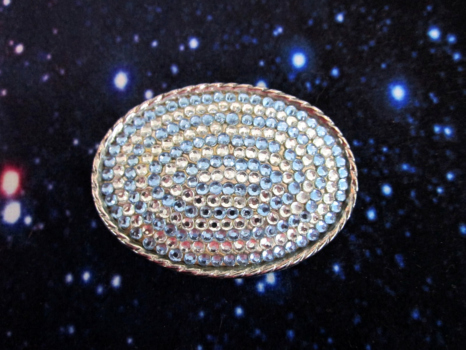 Vintage Belt Buckle Blue & White Rhinestone Crystal Western 80s Cowgirl Oval