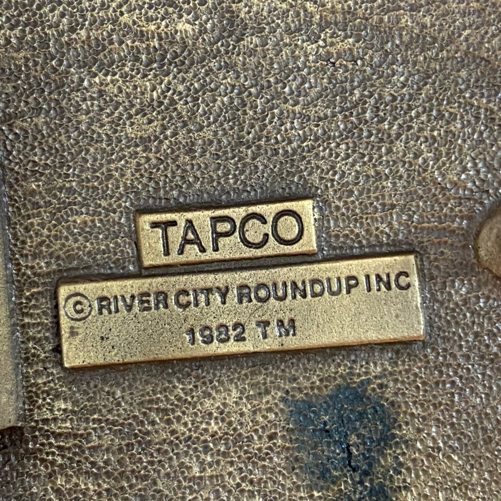 Vintage 1982 River City Roundup Belt Buckle Tapco Gold Tone Black Enamel Rodeo