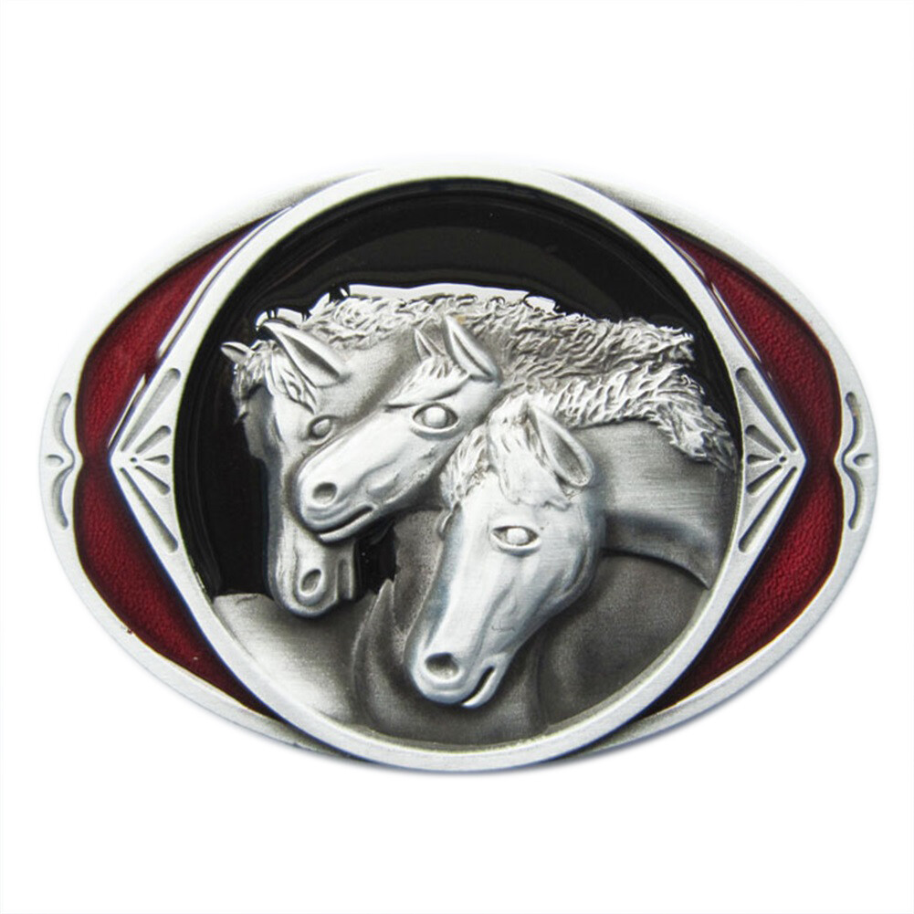 Three Horses Western Oval Cowboy Rodeo Red Enamel Metal Belt Buckle