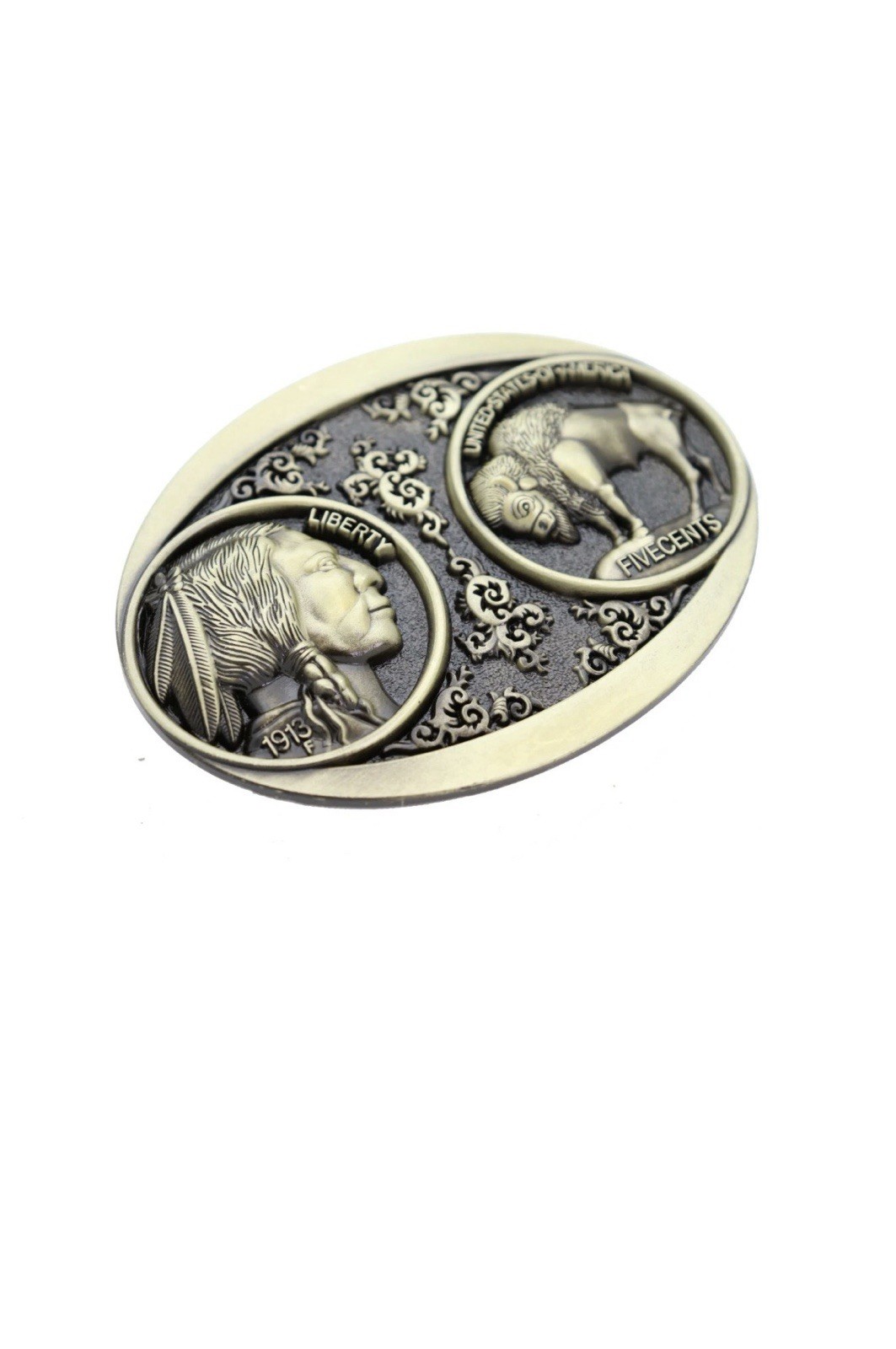 Men Antique Gold Metal Fashion Belt Buckle Big Native Buffalo Bull 5 Cents Coin
