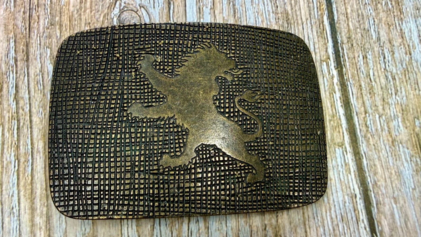 Heraldic Rampant Lion Grid Pattern Brass Tone Belt Buckle, Made in Italy