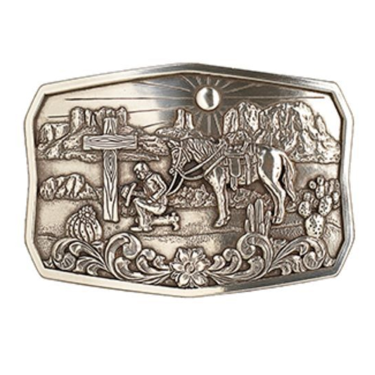 Nocona Men&rsquo;s Cactus & Praying Cowboy Silver Rectangle Buckle 37909