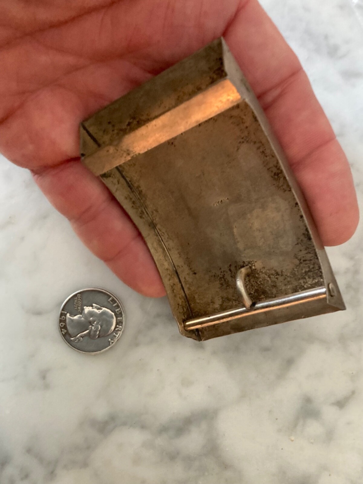 VTG ALPACA SILVER BELT BUCKLE ABALONE SHELL INSET ENGRAVED ARCHED SIGN
