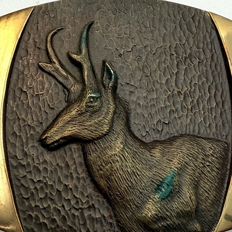 SLKnight Sculpture Belt Buckle Bronze Gold Tone 3&Prime;x2&Prime; Pronghorn Deer 1978 Vtg