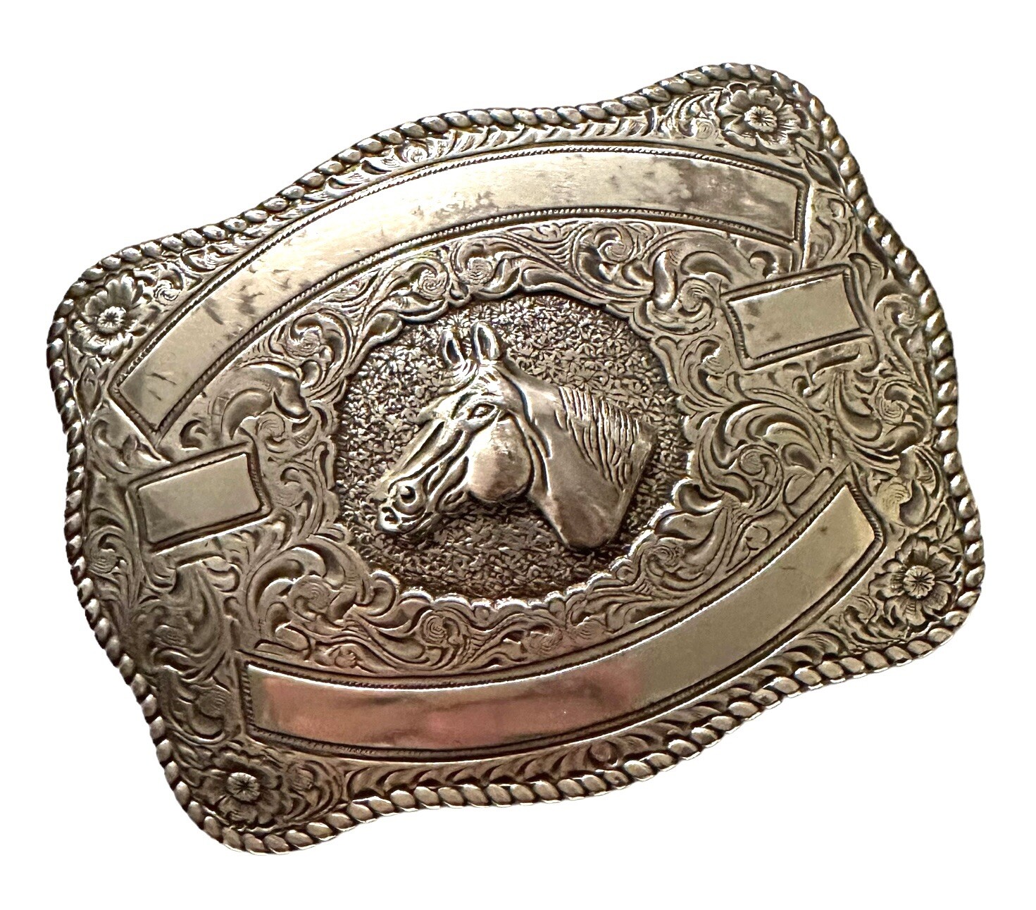 Crumrine Western Rectangle HORSE Belt Buckle+SILVER CREEK Leather Belt 40” BLACK