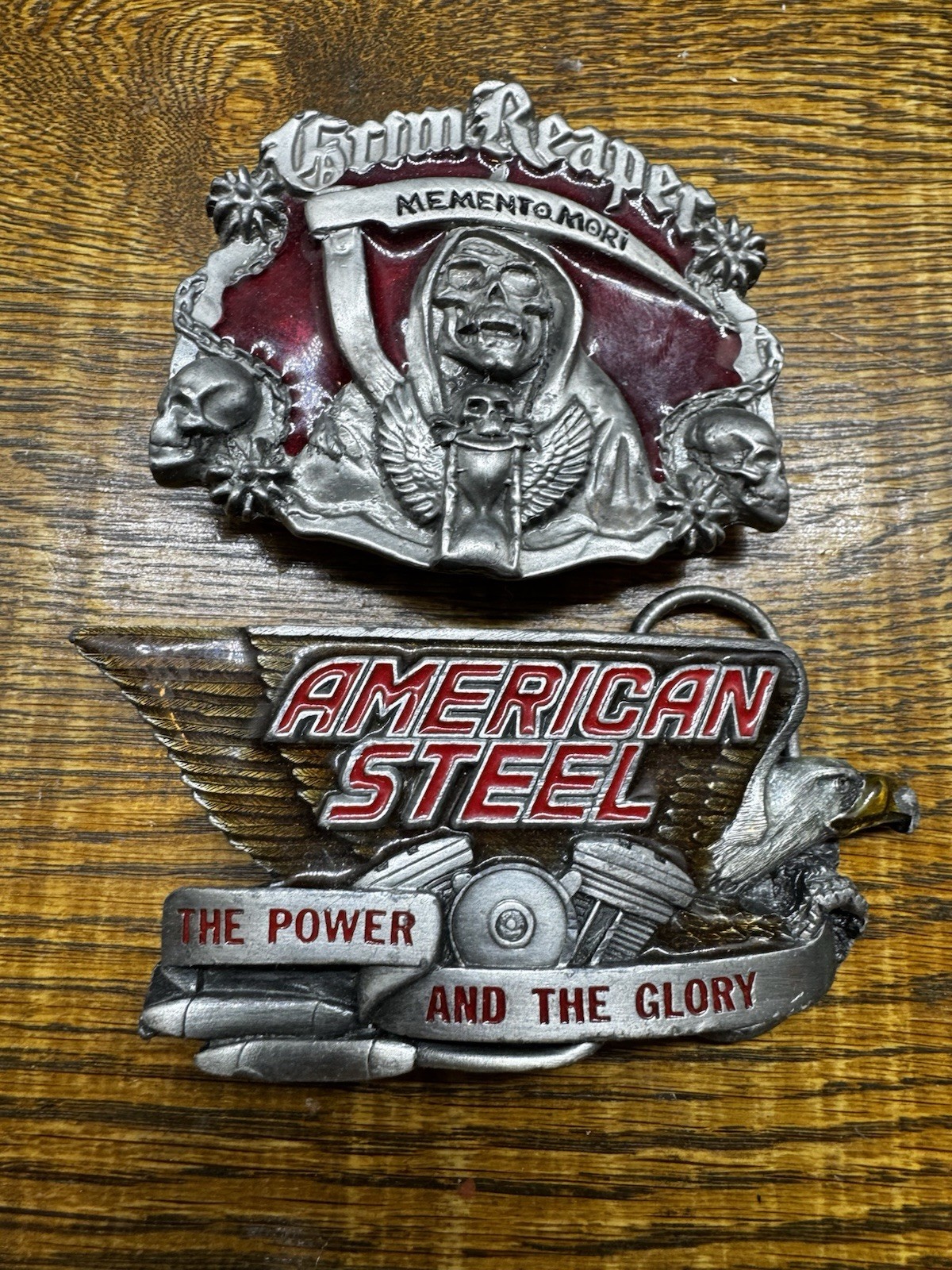 2-Biker Belt Buckles, Grim Reaper Memento Mori Death And American Steel