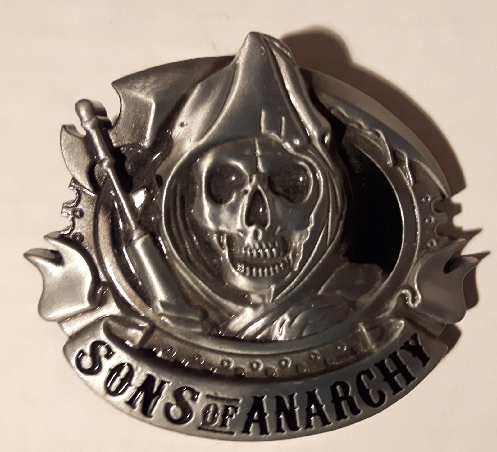 Son&rsquo;s of Anarchy – Embossed Grim Reaper Metal Alloy 4&Prime; x 3.5&Prime; Belt Buckle – NWOT
