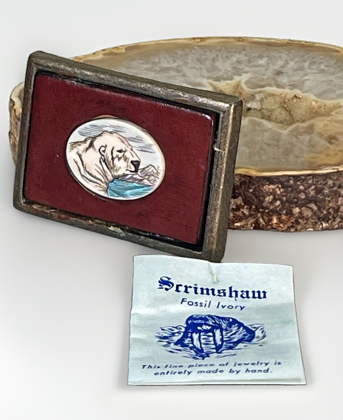 VTG Solid Brass Belt Buckle w/ Leather Native Made Polar Bear Scrimshaw Center