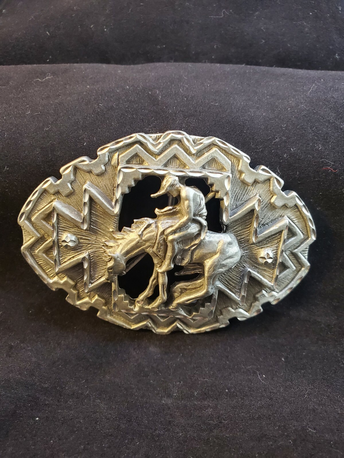 Diamond Cut Pewter Man Riding Horse Belt Buckle
