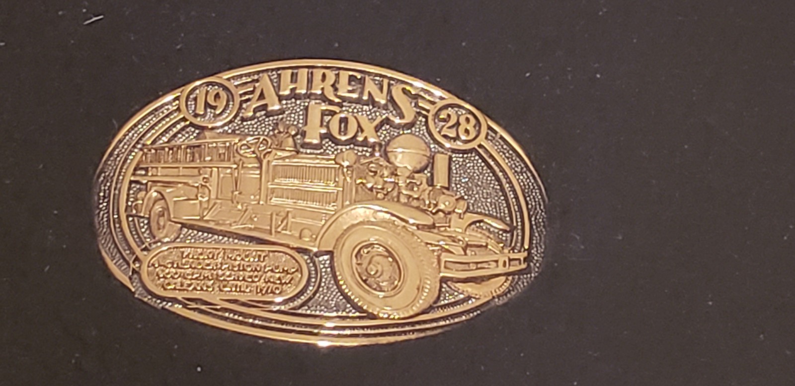 OK Firefighters 1928 AHRENS FOX Fire Truck Gold Highlight Belt Buckle