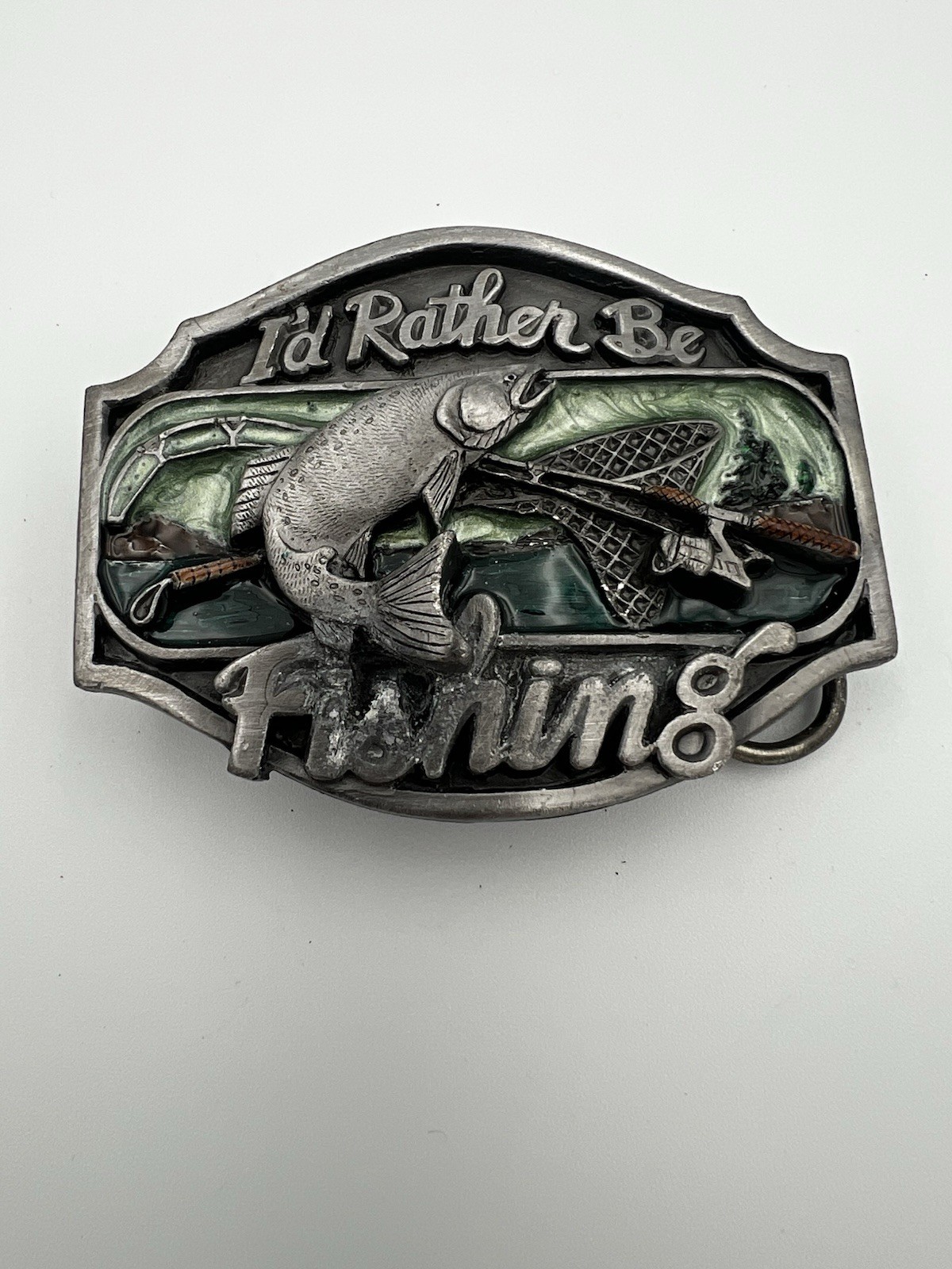 I&rsquo;d Rather Be Fishing Belt Buckle Antique Silver Enamel Inlay Fits 1.5&Prime; Belts