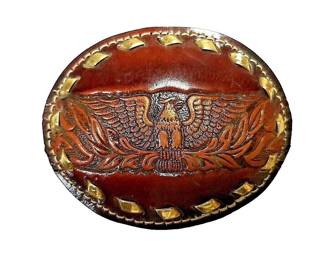 EAGLE Belt BUCKLE w/ GOLD BUCKSTITCHING Lg HANDMADE Brown LEATHER Western/Biker