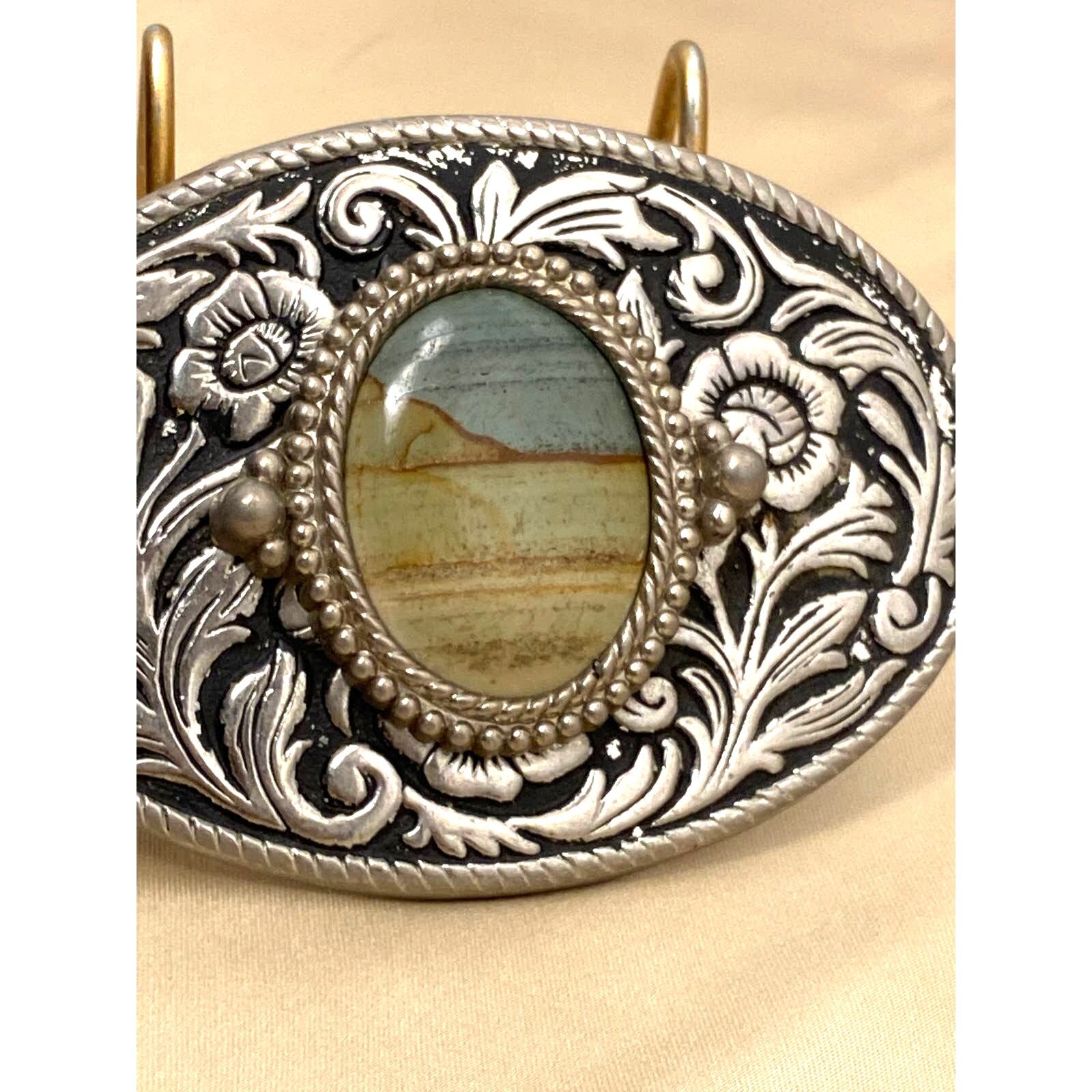 Vintage Silver Belt Buckle with Blue/Brown Natural Stone. Floral/Leaf Design