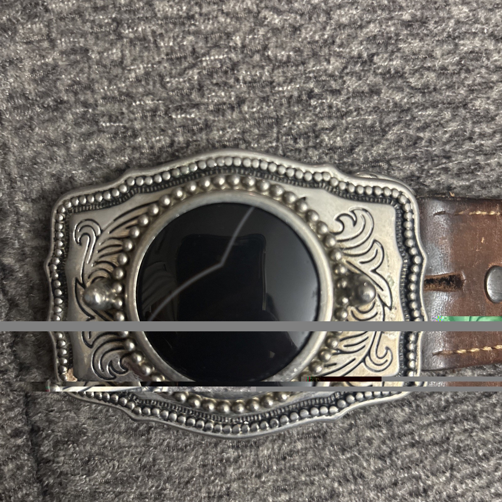 Black Agate Cabochon Buckle & 1979 Tex Tan Western Style Leather belt size 34