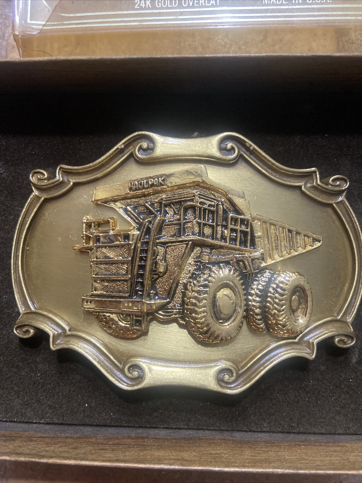 Vintage Raintree Haul Pak Belt Buckle Brass 1978 Construction Truck 24k Overlay