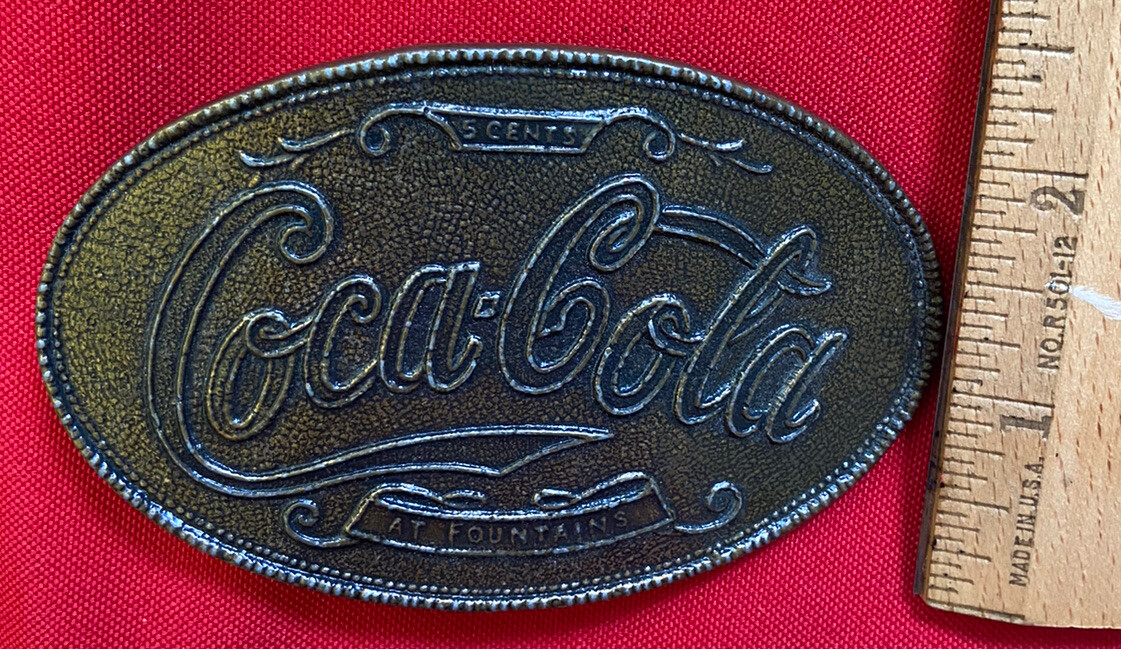 COCA-COLA COKE COCA COLA SODA POP FOUNTIAN DRINK 5 CENT BROWN OVAL BELT BUCKLE