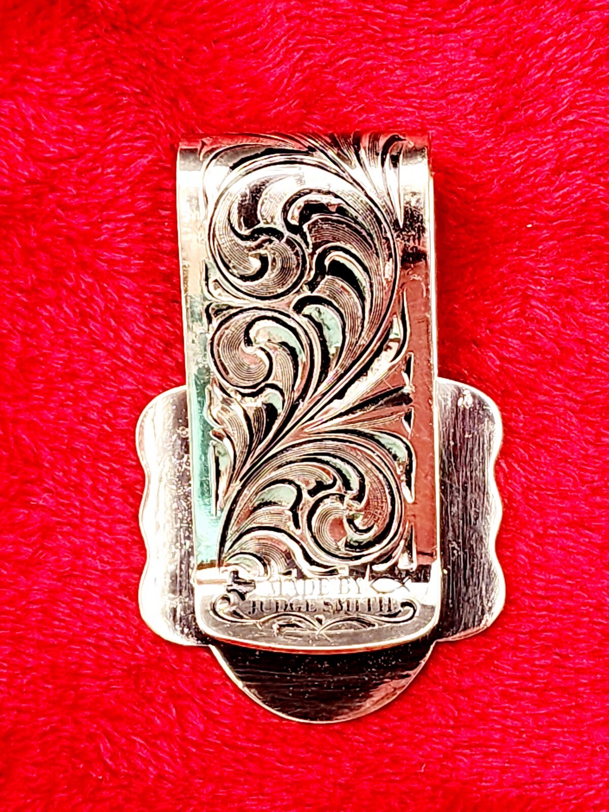 HEARTBEAT EMBLEM~HAND ENGRAVED MONEY CLIP $GERMAN SILVER & JEWLERS BRONZE