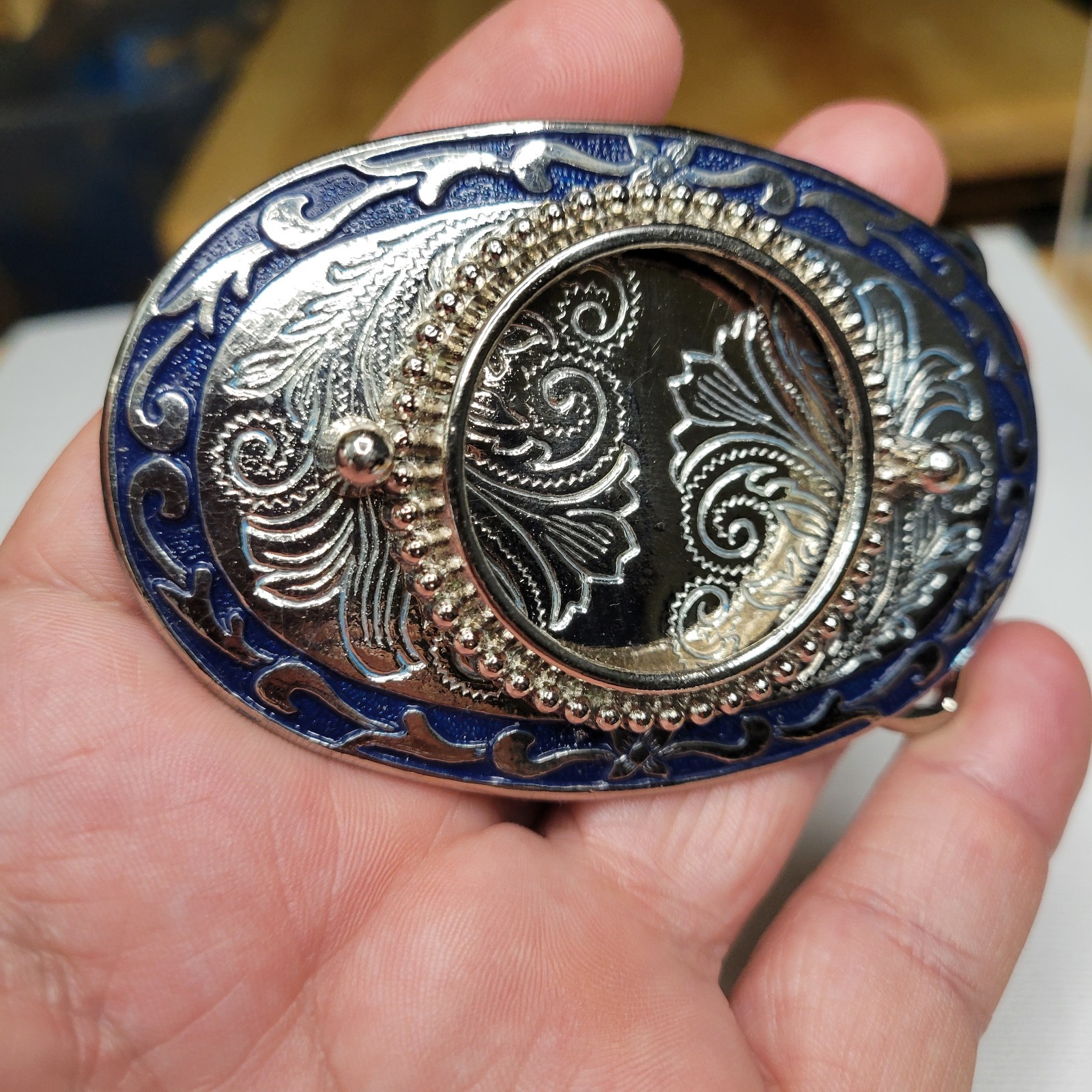 Vtg NOS Silver Dollar Coin / Gem Stone Holder Bezel Belt Buckle Blue Inlay Empty