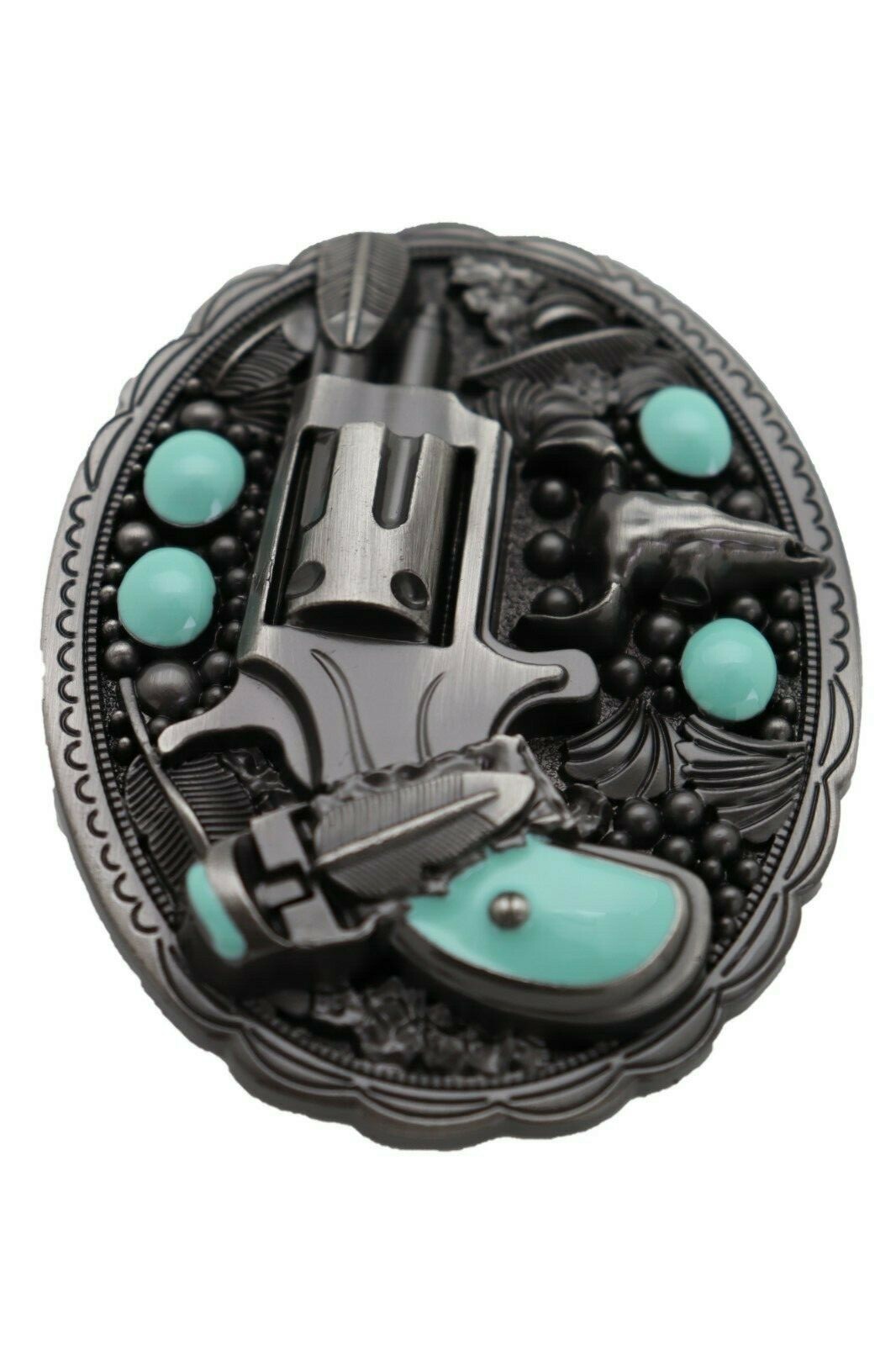 Men Western Buckle Silver Metal Revolver Pistol Gun Feather Bull Skull Turquoise
