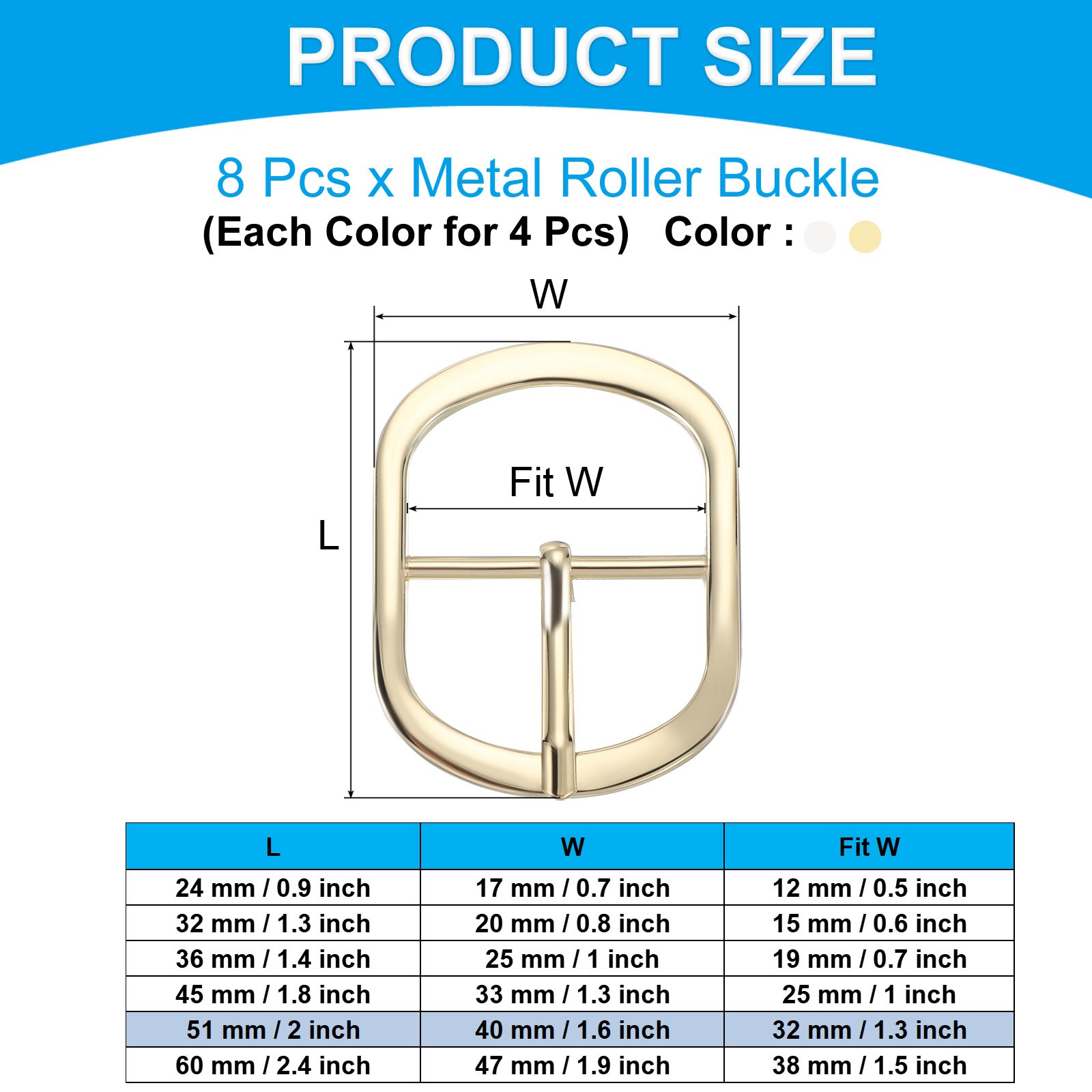 8Pcs 1.3&Prime; Single Prong Metal Roller Pin Belt Buckles Silver/Light Gold