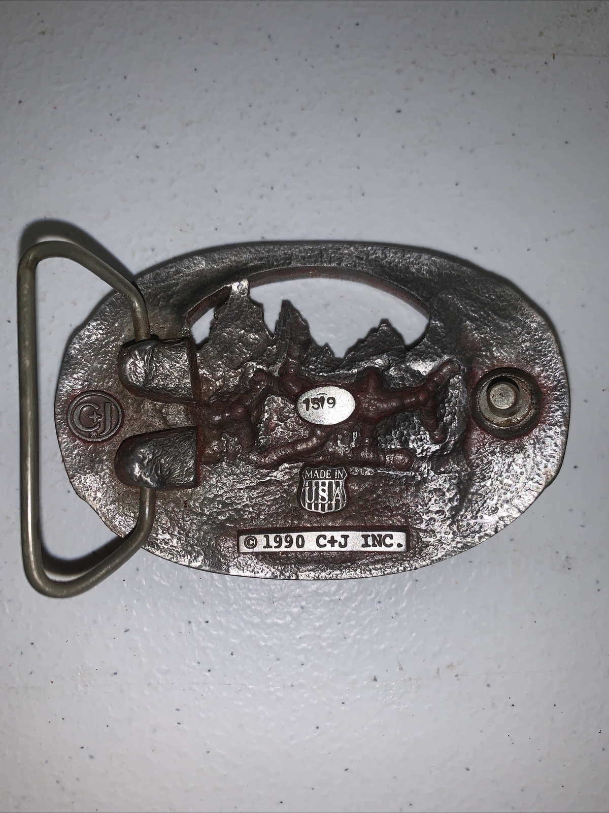 MEN&rsquo;S HEAVY PEWTER 1990 C + J INC DEER SCENE AND ANTLER BELT BUCKLE MADE IN USA