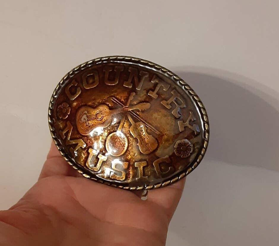 VTG Country Music Enamel Solid Brass Oval Belt Buckle Music