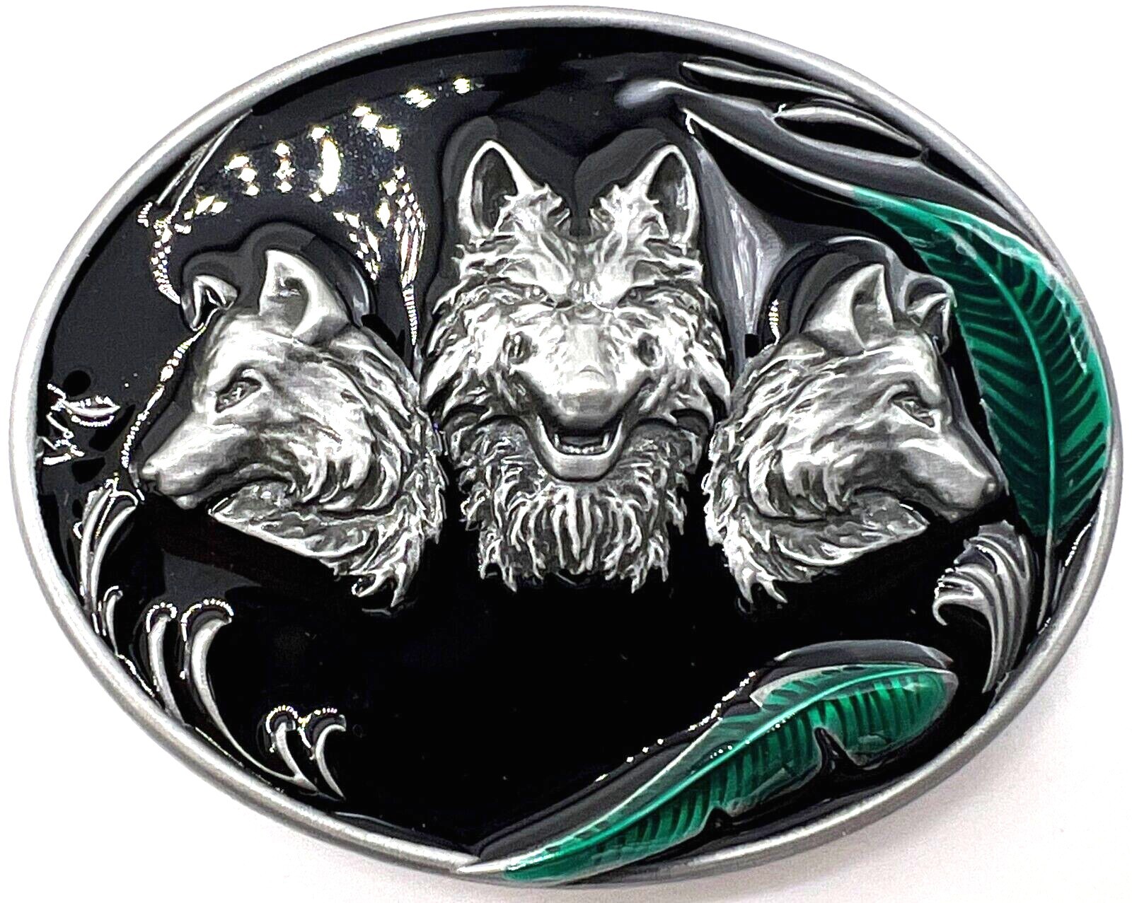 Three Wolves with Feathers Black Enameled Wolf Belt Buckle New