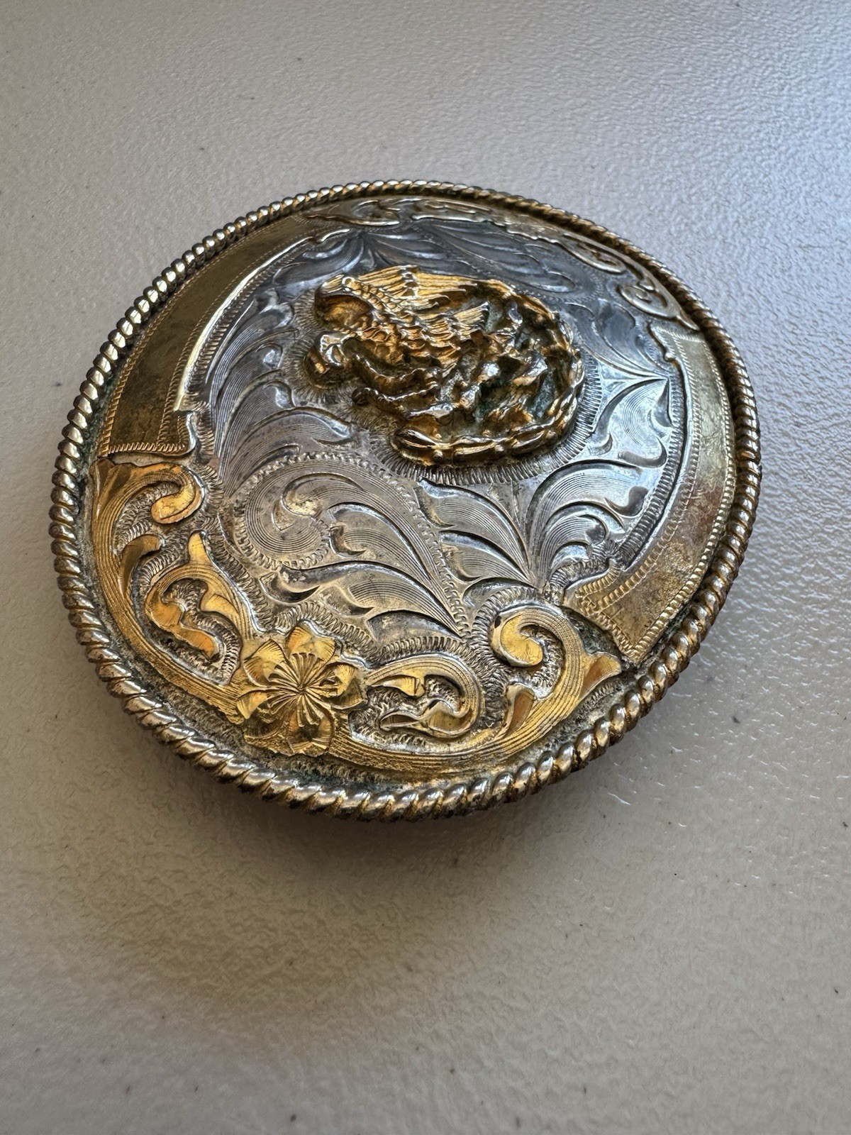 M. K. Mexico Oval Western Floral Engraved Belt Buckle Rope Edge Eagle 1.5in