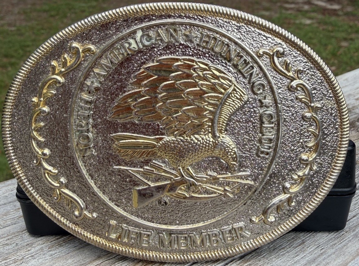Vtg North American Hunting Club Wings of Gold Brass Belt Buckle Life Member READ