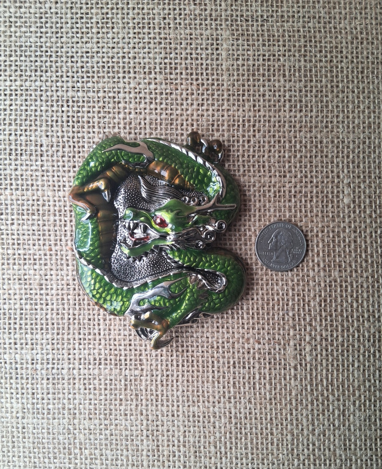 Green Enamel Chinese Dragon Belt Buckle 3D Fantasy Mythical Novelty
