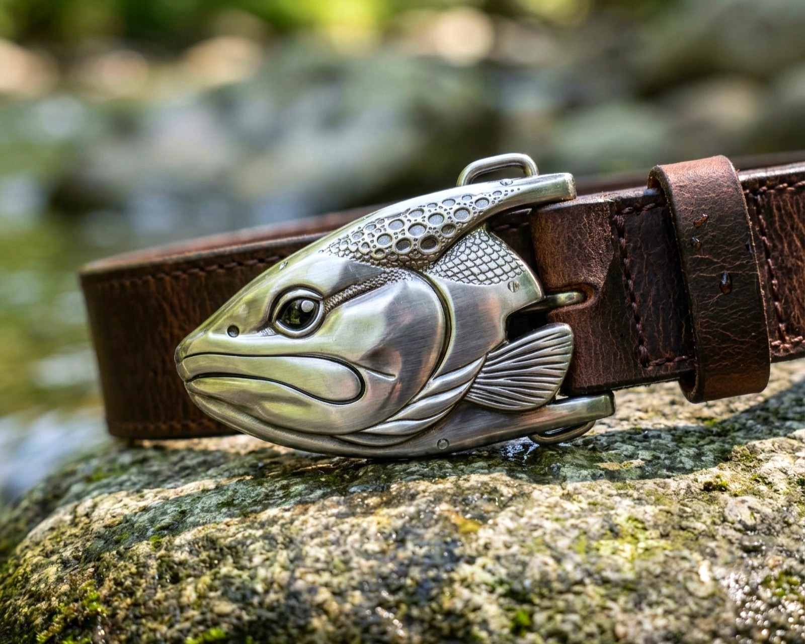 Graywolf Trout‑Head Belt Buckle • Antique Nickel / Silver • 3D Metal Fish Buckle