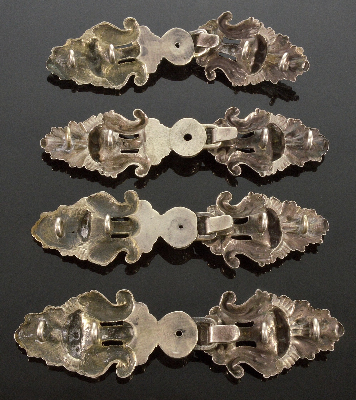 ANTIQUE AUSTRO-HUNGARIAN HERMANN RATZERSDORFER SET OF 4 SILVER CAPE BUCKLES