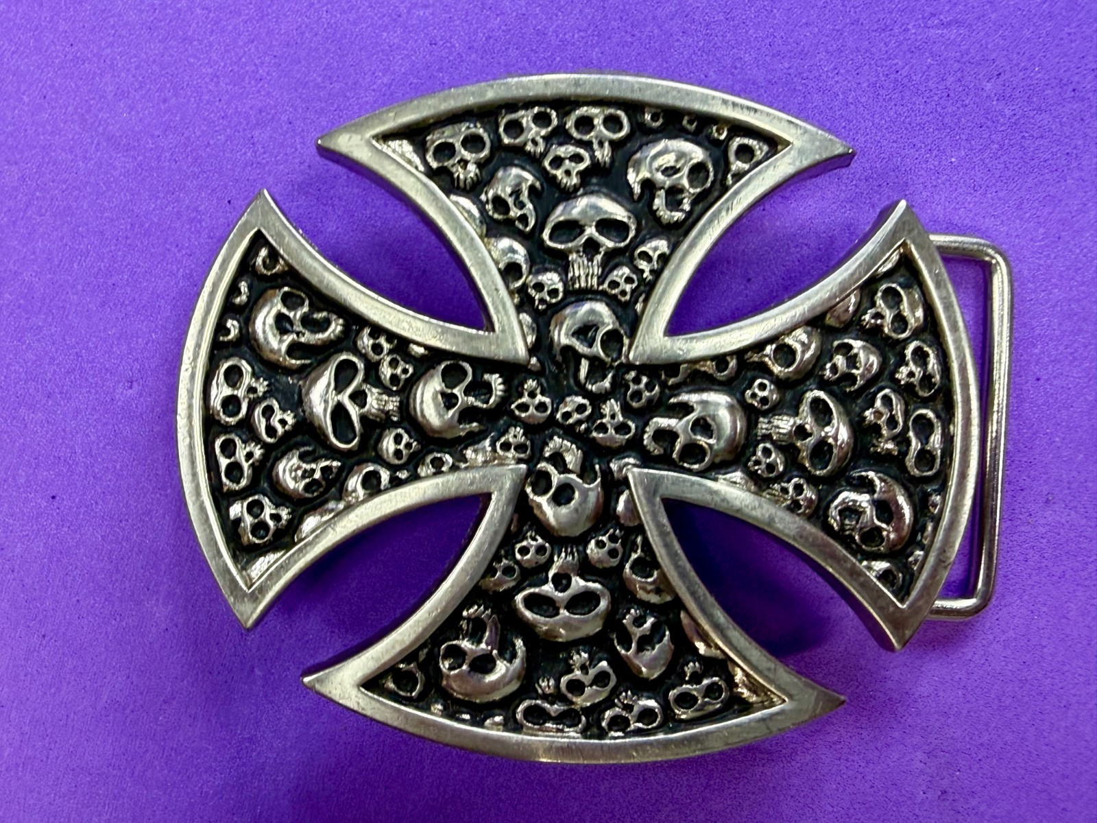 Maltese Iron Cross Studded Skull Design Gothic Punk Vibe Cutout Belt Buckle
