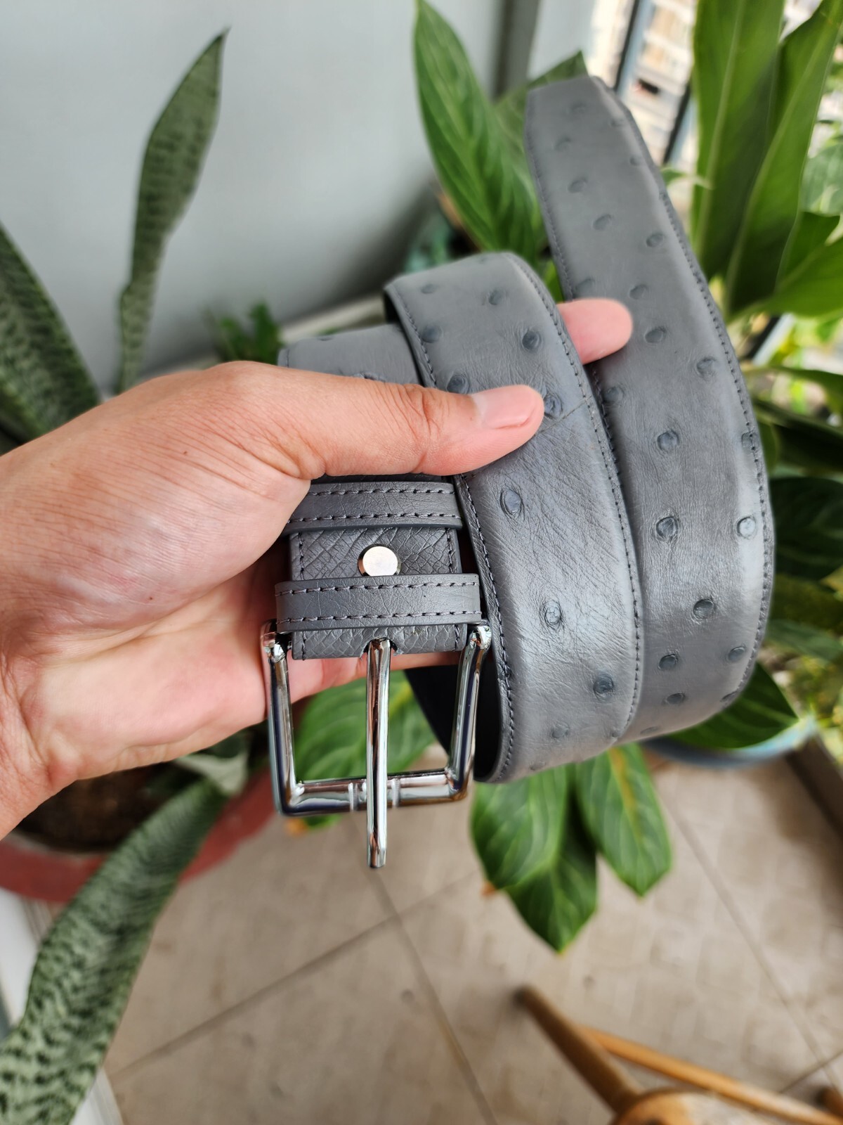 3.8CM Gray 100% Genuine Body Ostrich Leather Skin Men Belt Buckle- Handmade