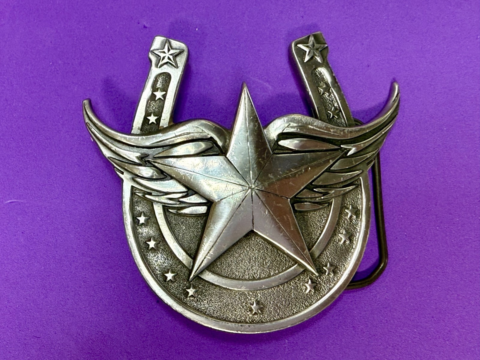 Lucky Horseshoe Winged Star Fine Pewter 2004 Belt Buckle Great American Products