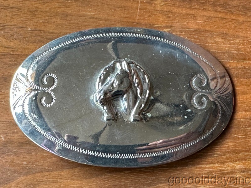 Vintage Chrome Silver Horse with Horseshoe Belt Buckle