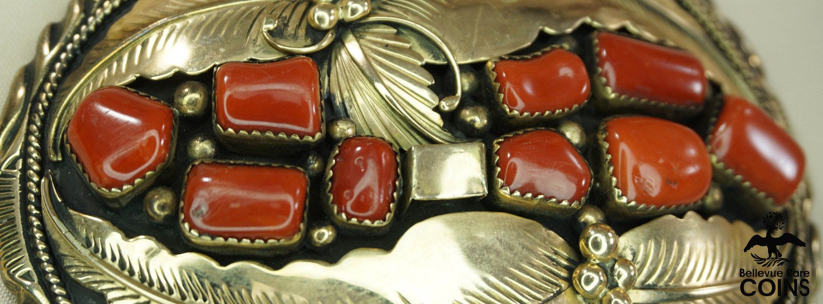 Wilbert Vandever Navajo 14k Yellow Gold & Sterling Silver Red Coral Belt Buckle