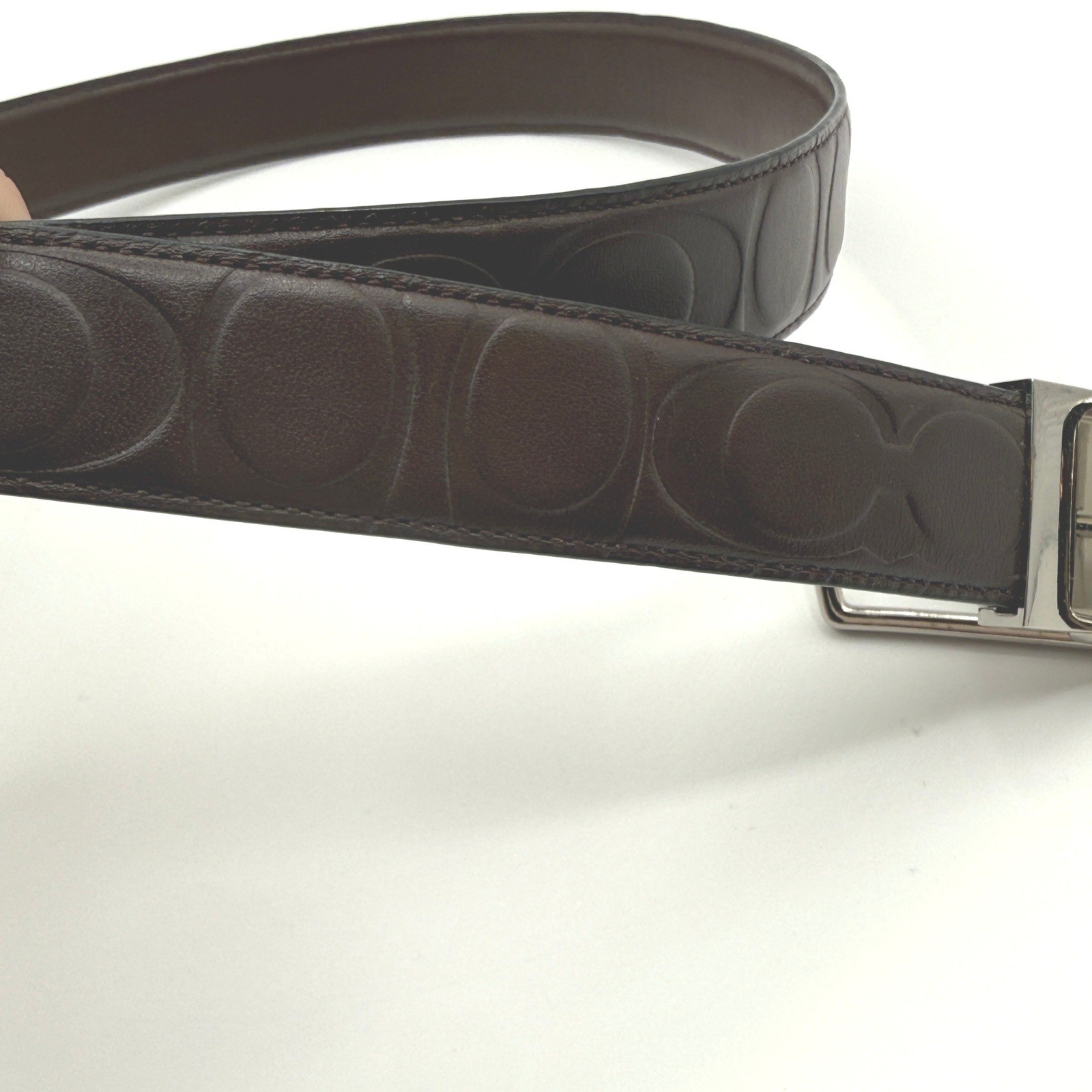 Coach Belt Mens Medium Brown Signature Debossed Reversible Leather Silver Buckle